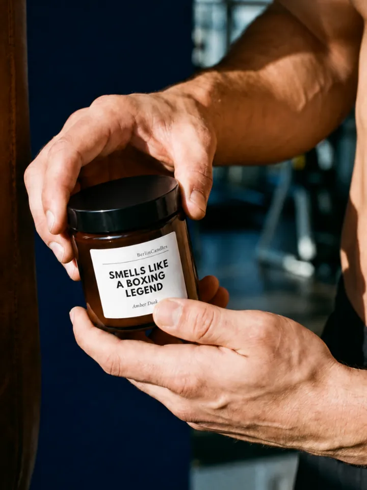 Two hands holding an amber glass candle and lifting the black lid; white label reads “Smells like a boxing legend”, scent Amber Dusk, dark gym setting in the background.