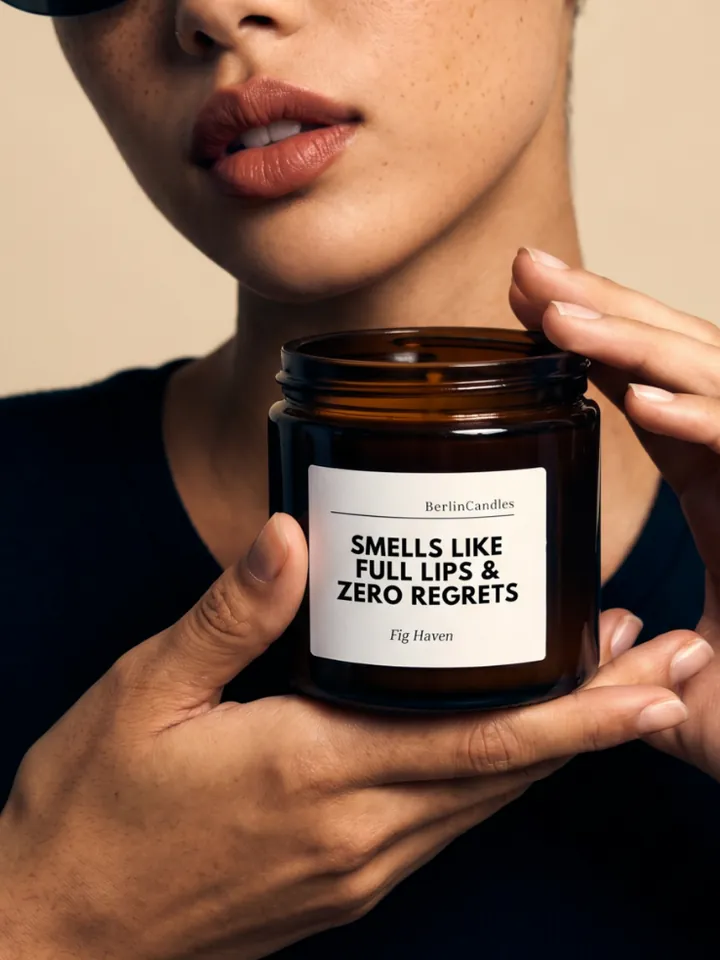 Person with freckles and a black top holding an open amber glass candle; white label reads “Smells like full lips & zero regrets”, scent Fig Haven, beige background.